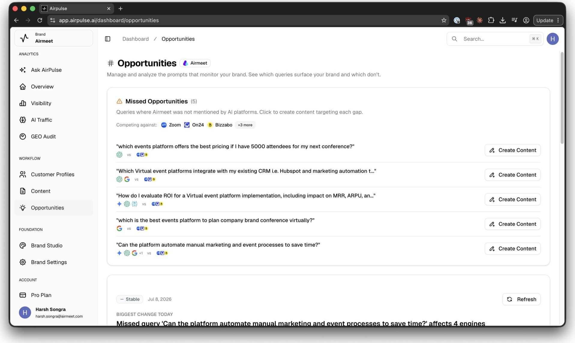 The AirPulse feed: missed buyer questions with one-click content creation